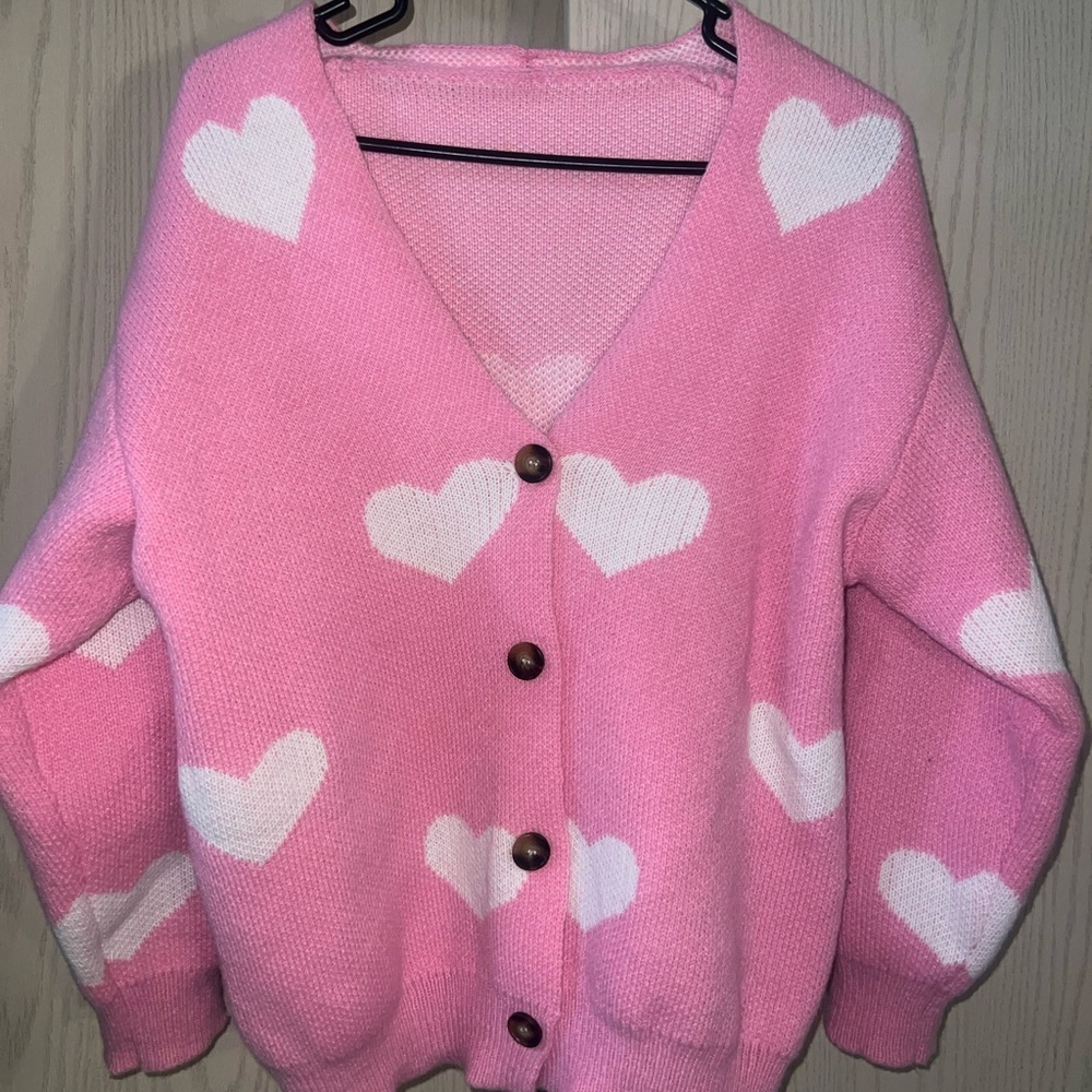 Pink button up oversized cardigan with white hearts, size medium, NWOT